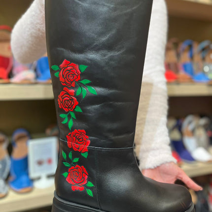 Handpainted Leather Black Boots Red Roses