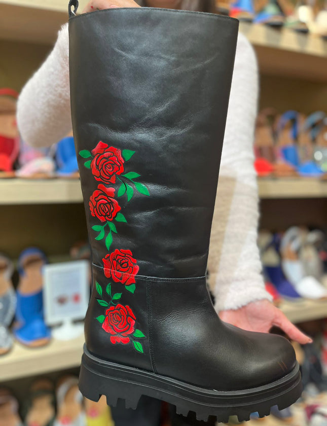 Handpainted Leather Black Boots Red Roses