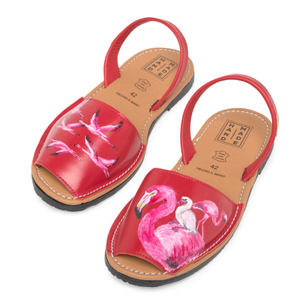 Handpainted Menorquinas Flamingos on Red Flat