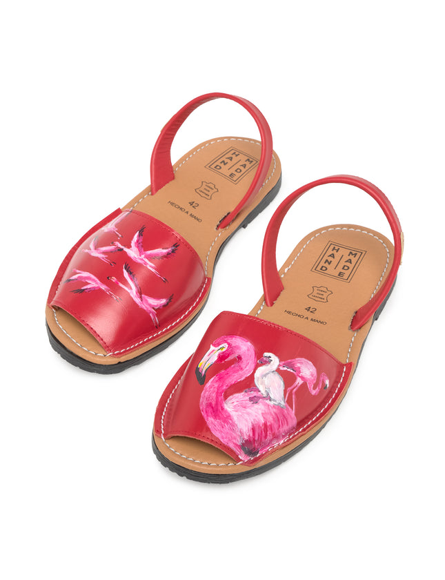Handpainted Menorquinas Flamingos on Red Flat