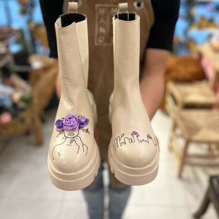 Handpainted Leather Boots Thinking Flowers