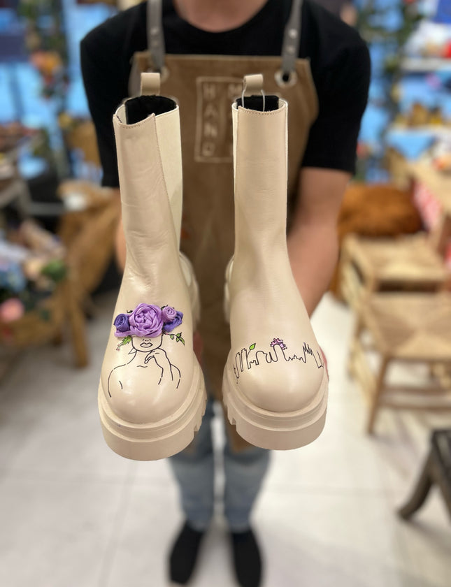 Handpainted Leather Boots Thinking Flowers